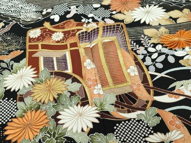 平和屋着物○創業460年・千總 黒留袖 駒刺繍 御所車草花文 金彩 高島屋  