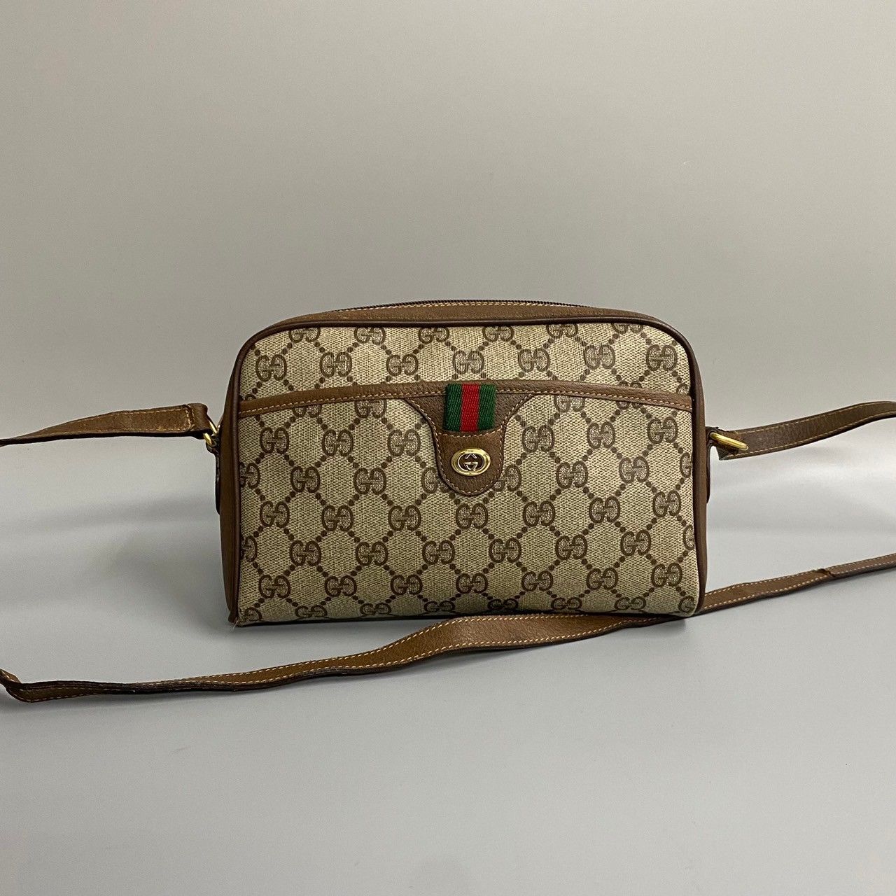 美品 GUCCI グッチ シェリーライン レザー ショルダーバッグ ブラウン