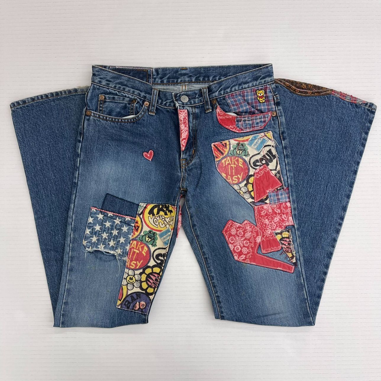 |S Hysteric Glamour ヒステリックグラマー ブーツカット パンツ フ デニム ジーンズ ボトムス|パッチーワーク 接ぎ接ぎ 柄 インディゴ|綿 コットン| |2AP-3202| 服飾 72-2025-0508-KO-003