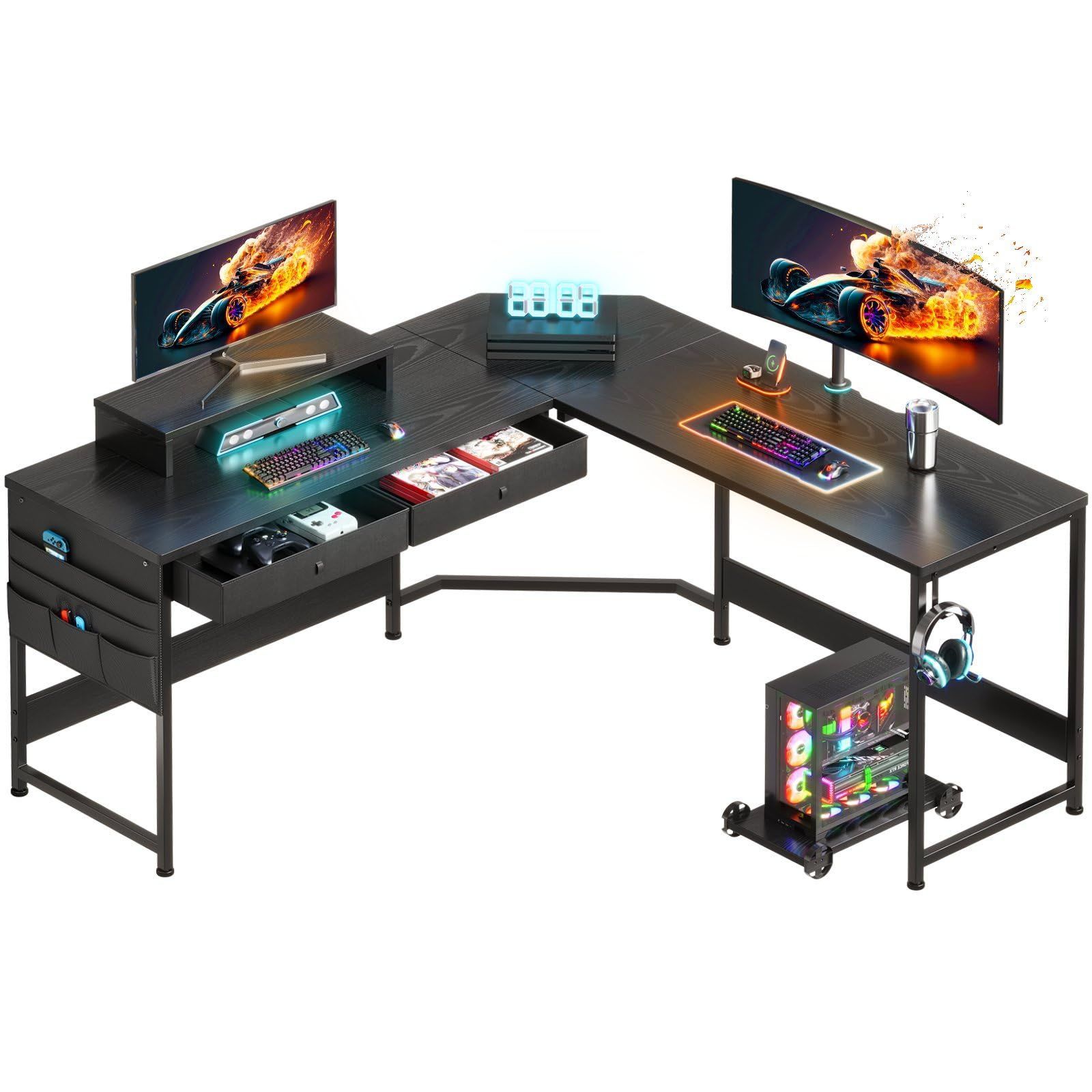 数量 ゲーミングデスク125cm x 125cm l字デスク pcデスク収納袋付き学習机 作業机引き出し付きデスク L字型 YeTom PC 勉強机 作業 在宅勤務 黑い