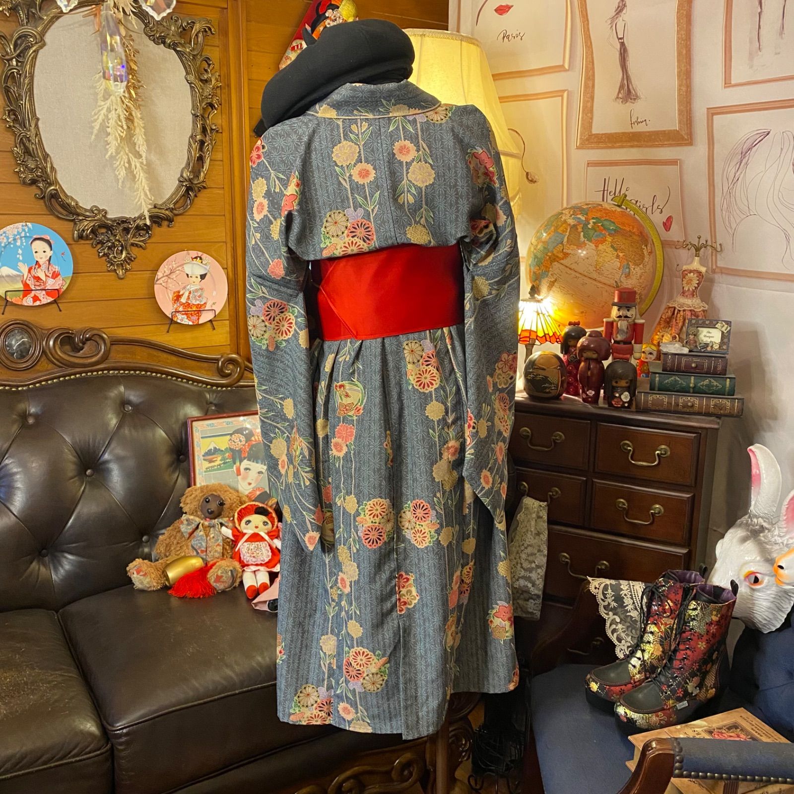 和洋折衷 着物 リメイク ワンピース ドレス 洗える 化繊 名古屋帯  