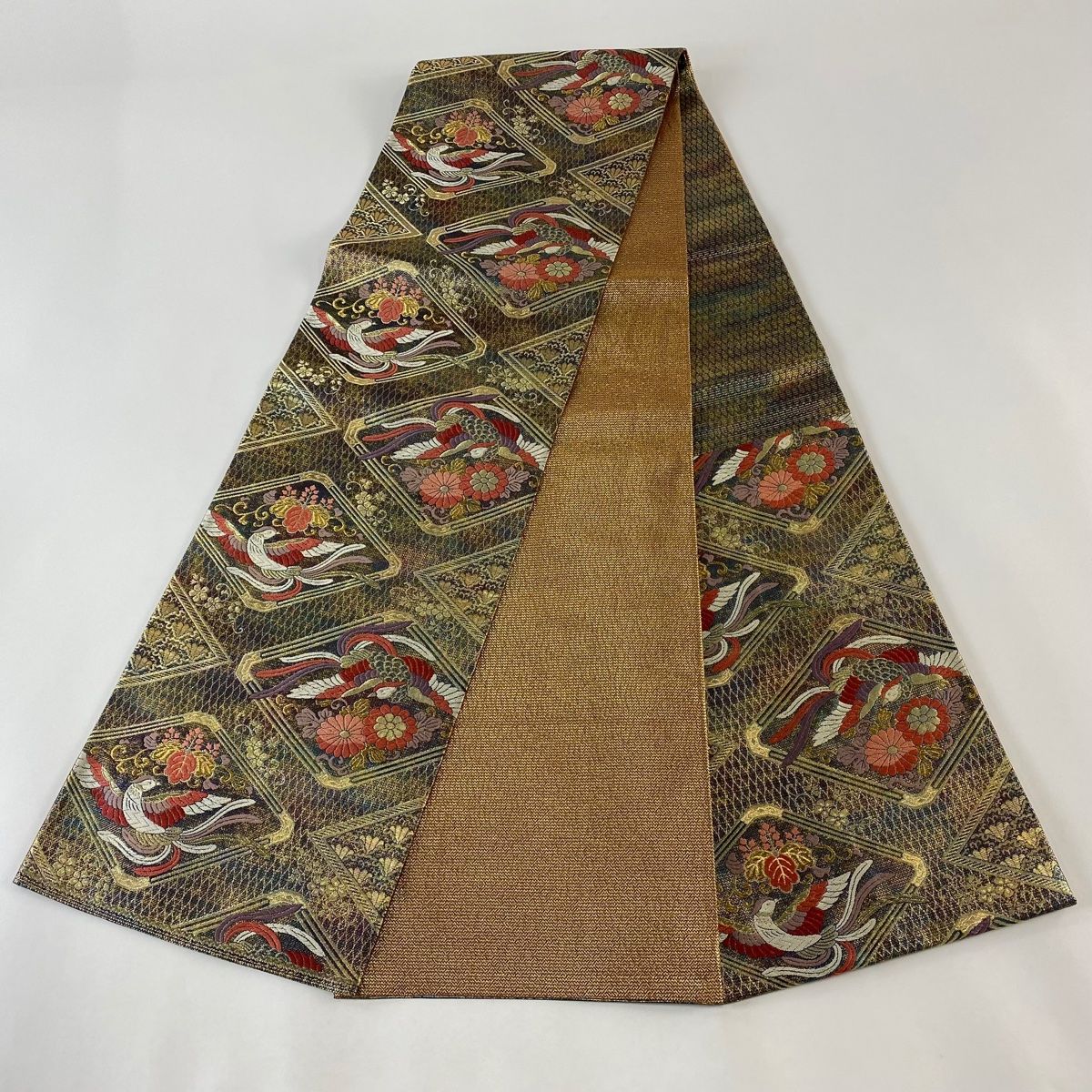 袋帯 秀品 鳳凰 格天井 金糸 箔 オレンジ 六通 正絹 【中古