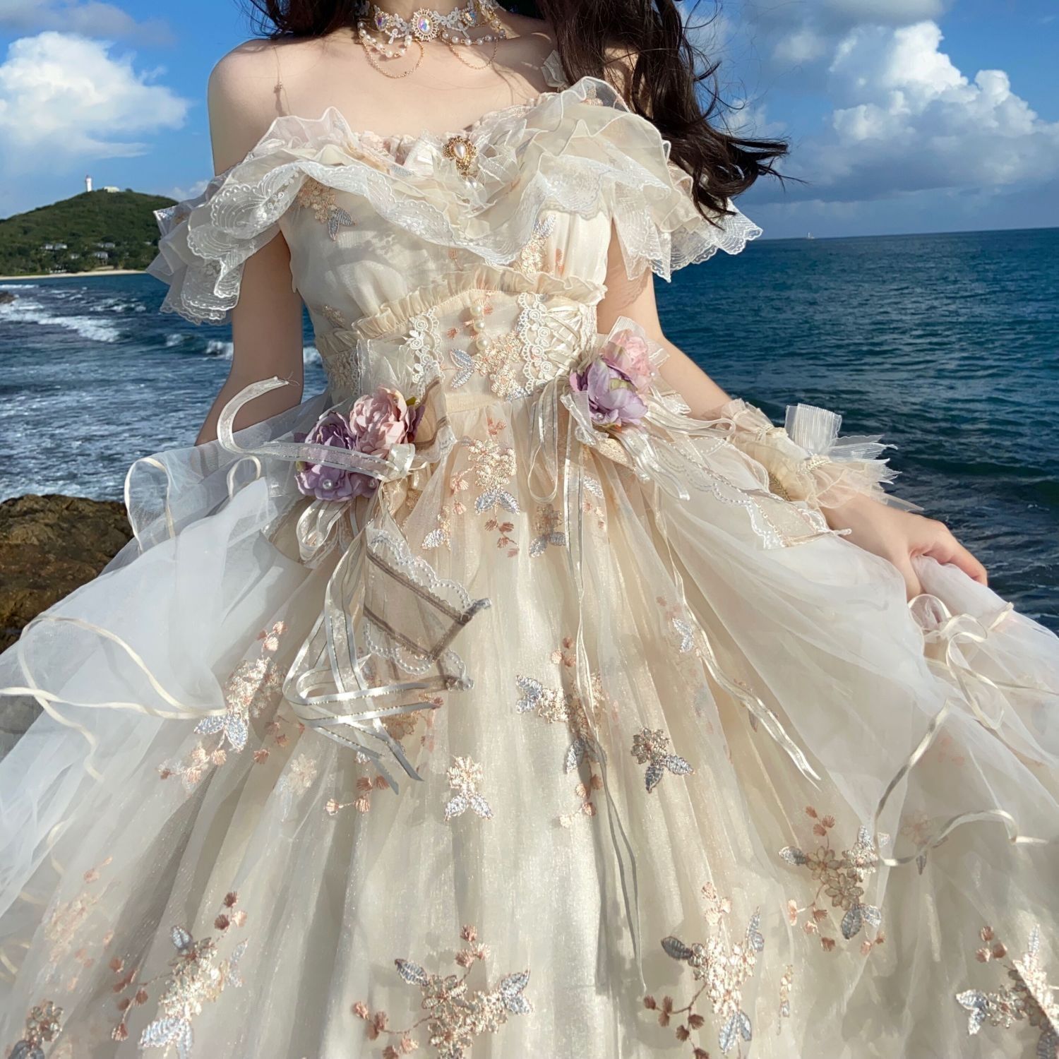花神フローラ ロリータドレス 刺繍入り 夏用華やか花嫁風 甘ロリ プリンセス風 お姫様スタイル 調整 サイズ 撮影用