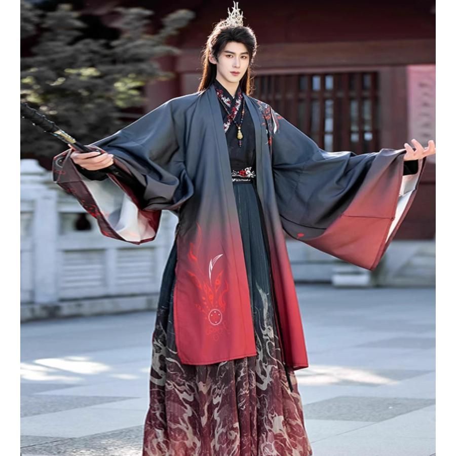 只今タイムセール中！ 黒赤 グラデーション チャイナ服 羽織付き 華やか 漢服 中華コスプレ衣装 大人 メンズ 中国古代服装 暗黒系 火 のプリント おしゃれ 中 値打ちのある