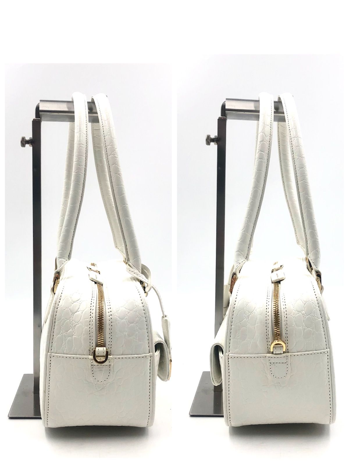 【美品】レザージュエル　ハンドバック　花モチーフ付き　ビジュ　レザー　ホワイト 美品】レザージュエル ハンドバック 花モチーフ付き ビジュ