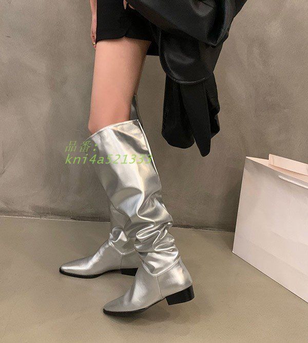 ロングブーツ ルーズ レディース シンプル 疲れない チャンキーヒール防寒 22.5 歩きやすい 秋 靴 24.0 ベージュ 23.0 23.5 春 黒 太ヒール シルバー kni 4 a 521333