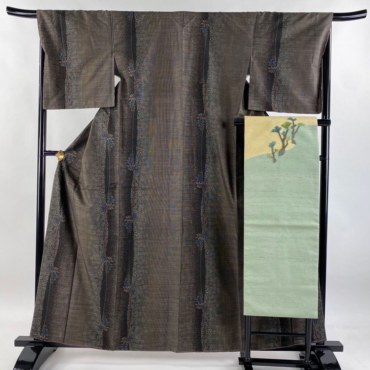 紬 身丈161cm 裄丈68.5cm L 袷 名古屋帯セット やまと 葉柄 花 焦茶色 正絹 秀品