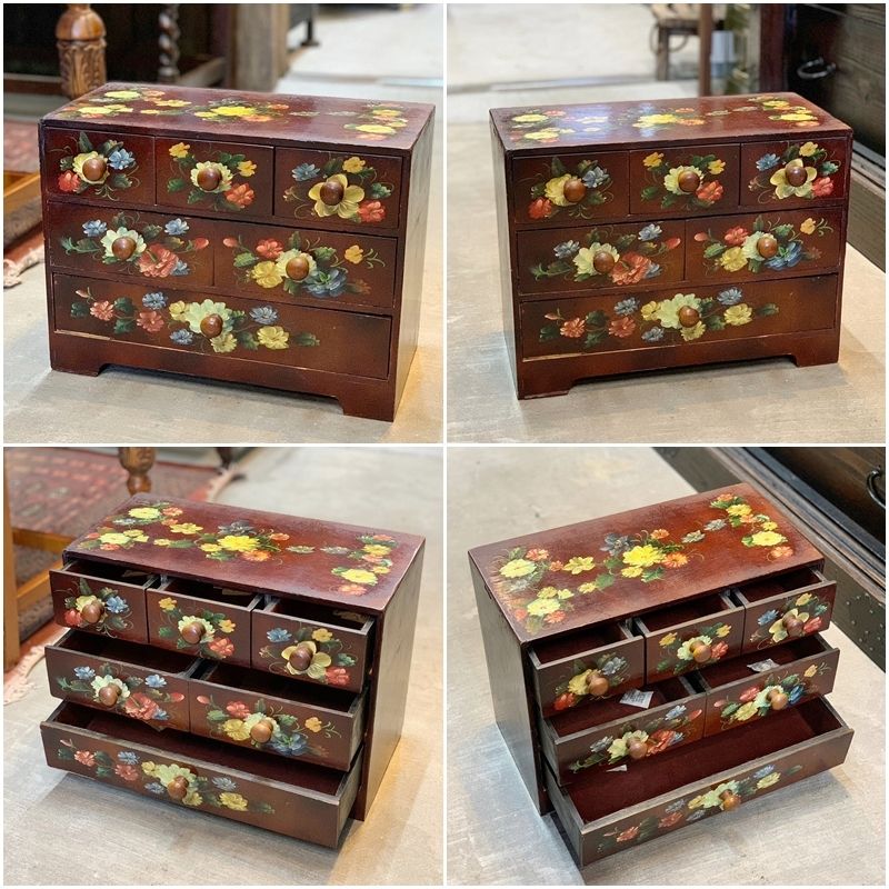 【オンライン限定商品】  木製 ミニチェスト レトロ 花柄 ミニ箪笥 ビンテージ 手描き 家具