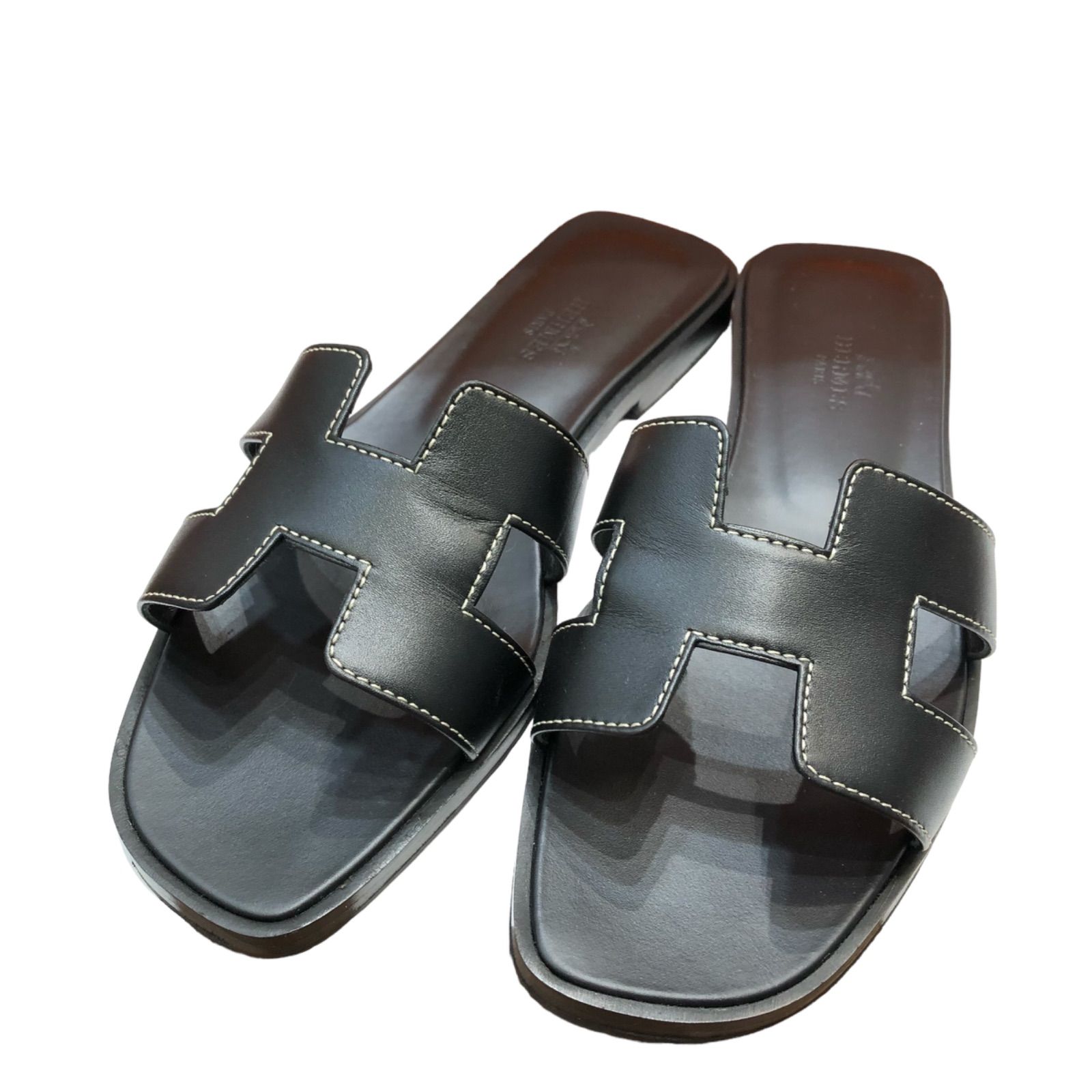 美品】Hermès エルメス オラン レディース レザー サンダル 黒 37 