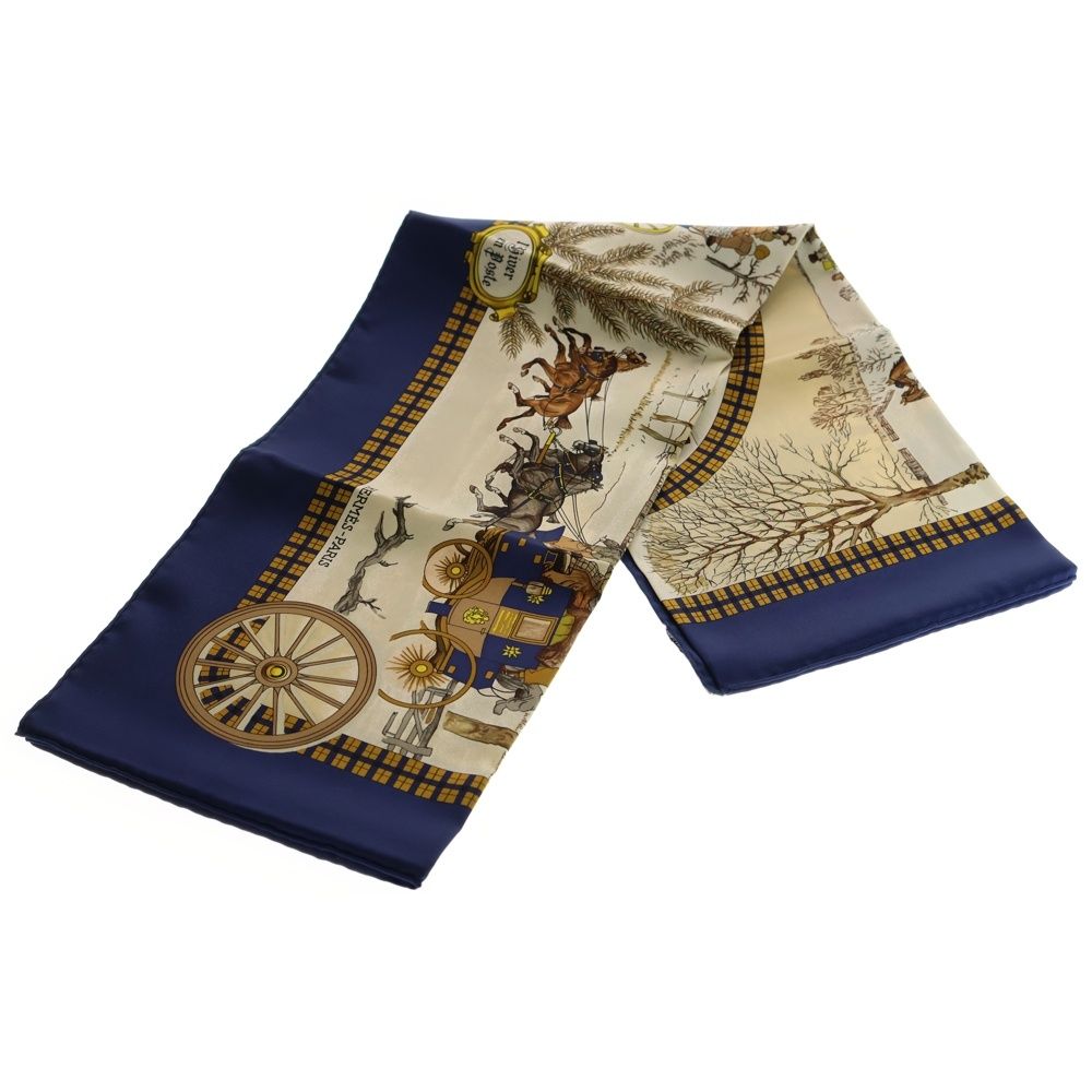 HERMES エルメス カレ90 冬の郵便馬車 プリント シルク スカーフ ネイビー