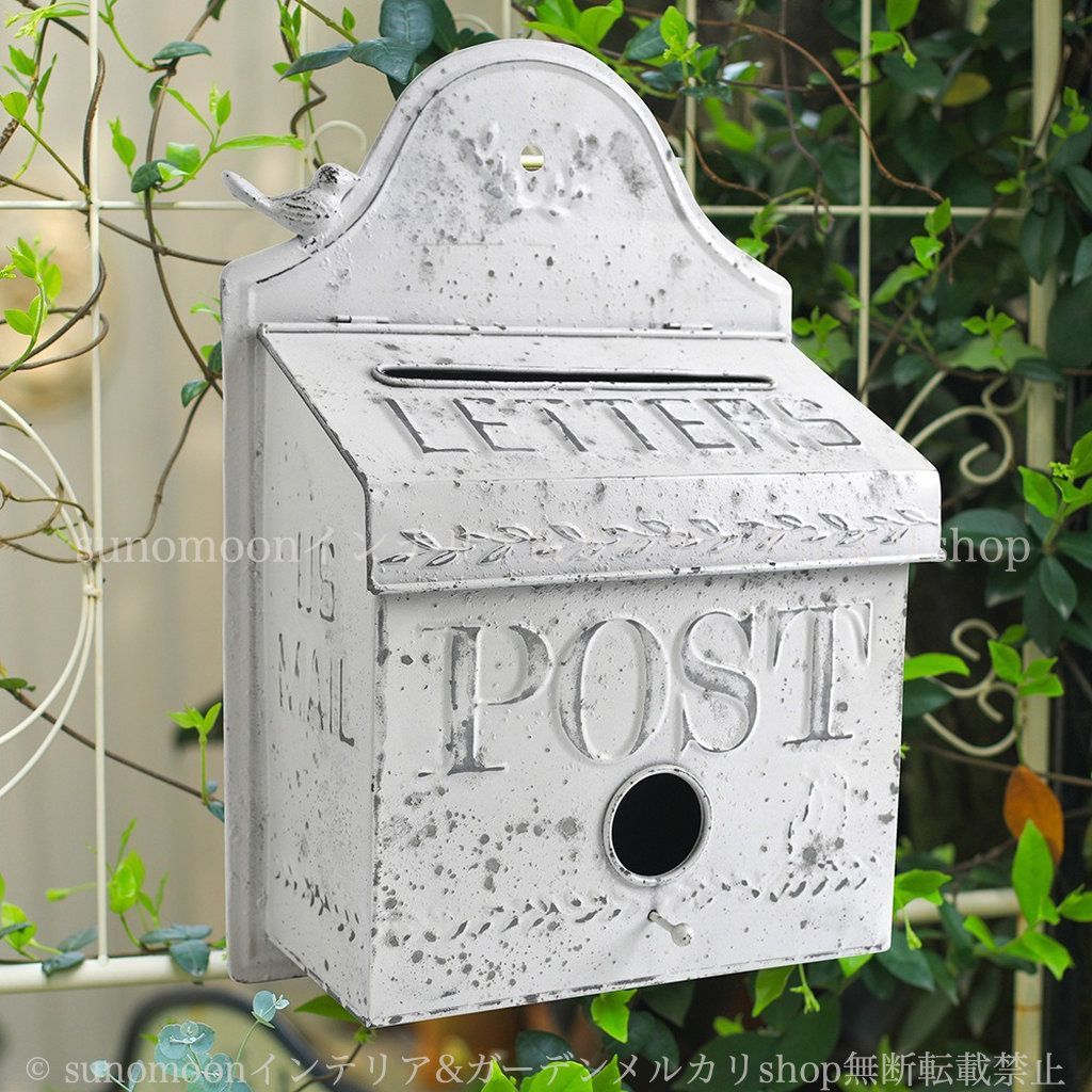 雑貨 ガーデン インテリア ヴィンテージ調 おしゃれ 庭 お洒落 庭の装飾 壁掛け ガーデン雑貨 シャビーシック シャビー加工 エレガント ホワイト ヨーロッパスタイル風 ガーデニング 8-14 白 ポスト ガーデンインテリア