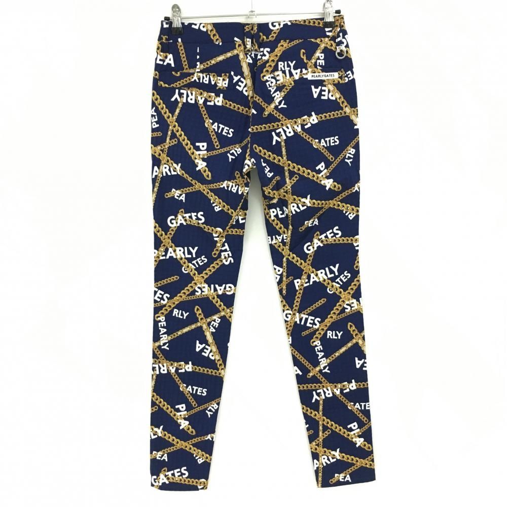 パーリーゲイツ パンツ ネイビー×ゴールド チェーン柄 織生地 レディース 1 M ゴルフウェア PEARLY GATES