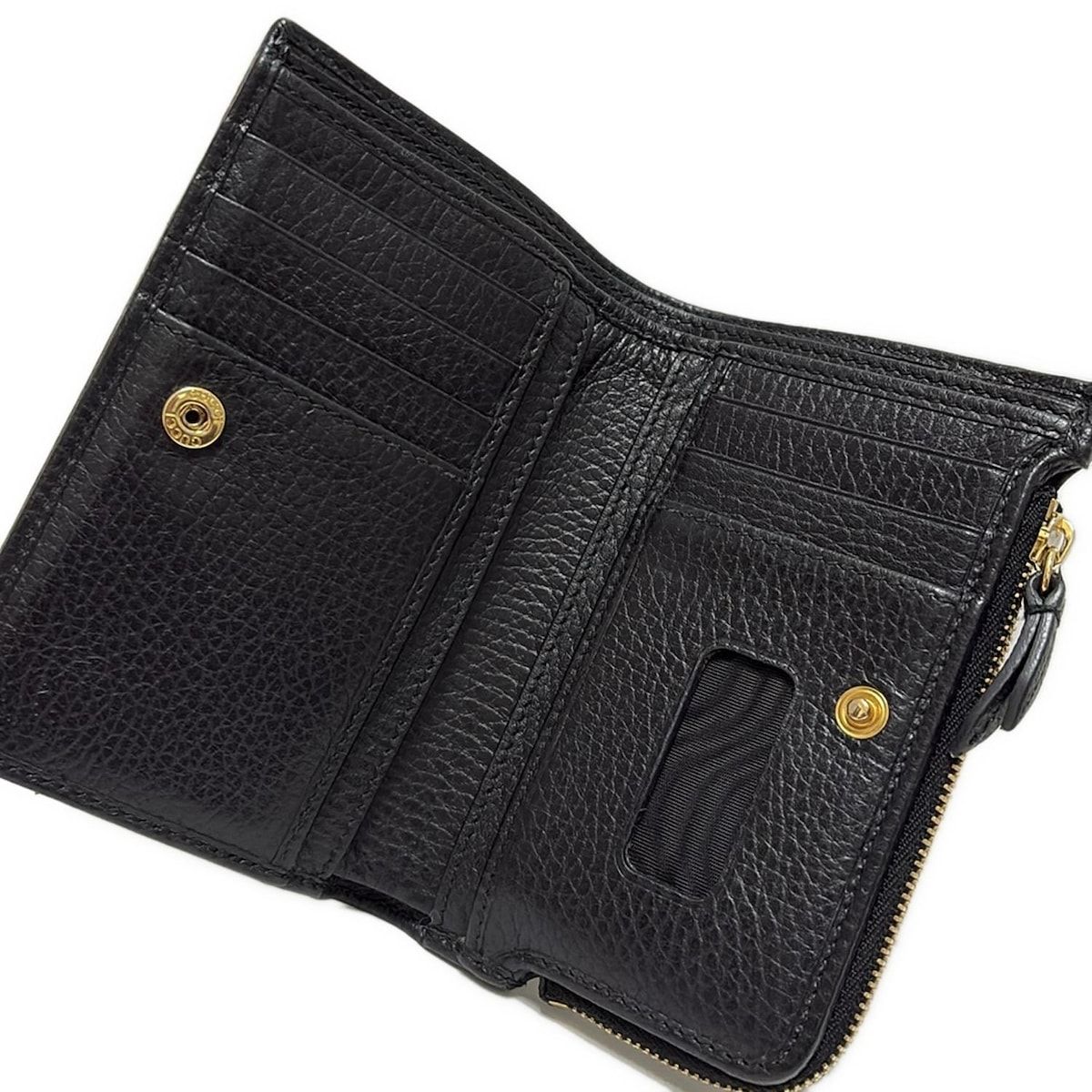 GUCCI 黒 レザー 2つ折り財布 GGパターン グッチ GGエンブレム〕GG ファブリック 二つ折りウォレットブラック