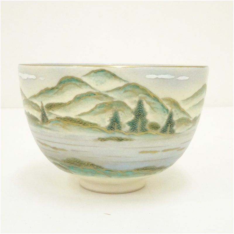Ｔ１２９　茶碗　『色絵　山の朝画』『清宋寺窯　杉田祥平造』共箱　抹茶碗　茶道具 清閑寺釜 茶碗 遠山 京焼 清閑寺窯 杉田祥平造 色絵遠山の