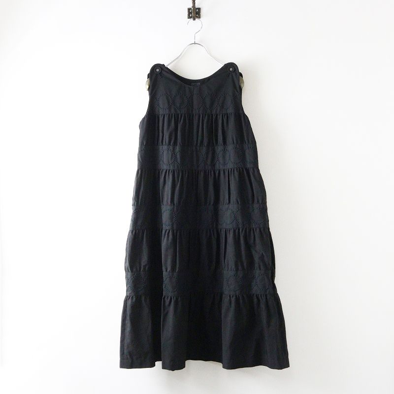定価99000円 2025SS ミナペルホネン mina perhonen tambourine コットン 刺繍 ティアードドレス 36 ブラック┃ 2400014629095
