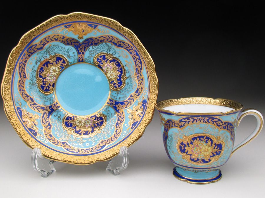 オールドノリタケ ブルー地金盛り花文 カップ＆ソーサー (d