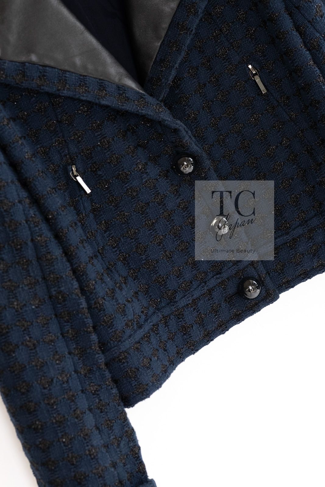 81万 シャネル ジャケット CHANEL ネイビー ブラック レザー襟  