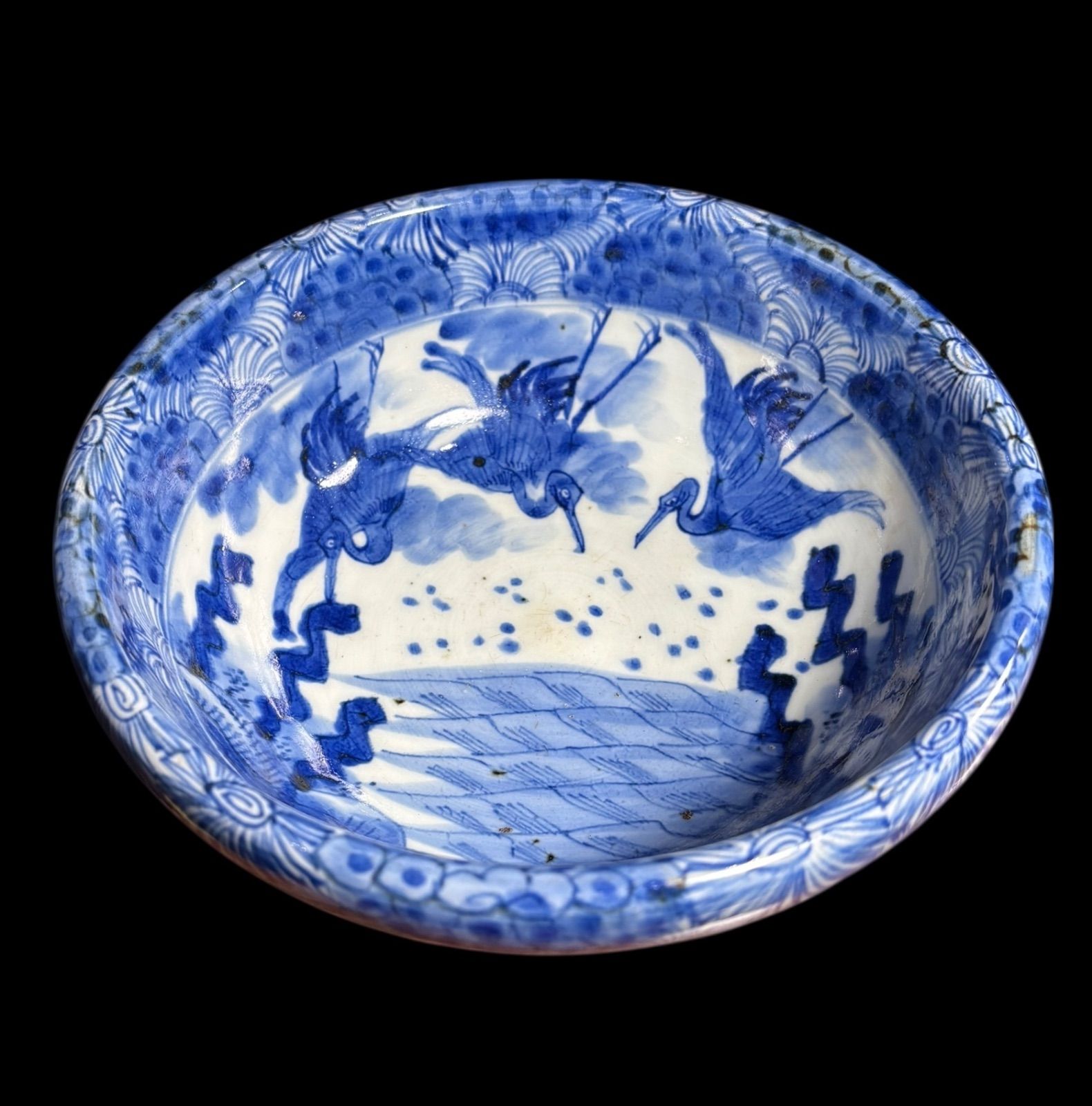古伊万里 大鉢 3羽鶴 草花文図 盛り鉢 色絵 鉢 取り皿 飾り皿 和食器