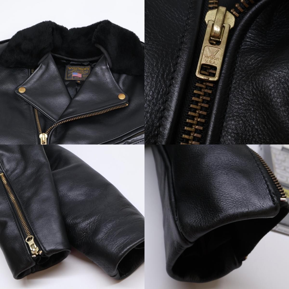 純正襟ボア付き！人気サイズ38！生産終了！アメリカ製！バンソンVANSONダブル VANSON バンソン 【美品】襟ボア サイドレースアップ レザー ダブル