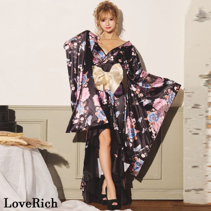 LoveRich ラブリッチ ライン 2カラー|2点セット 蝶々柄 フリル 花柄 ロング 豪華 帯 花魁 着物 ドレス コスプレ ハロウィン キャバドレス 1283