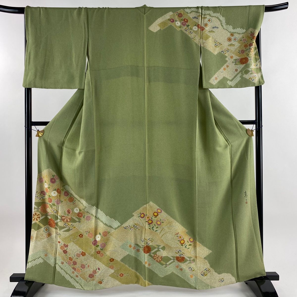 訪問着 身丈161cm 裄丈69.5cm L 袷 松井青々 落款 菊 松皮菱 金糸 金彩  