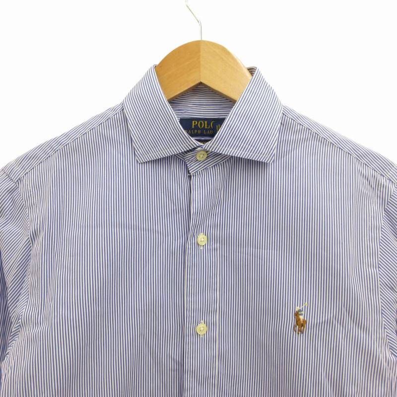 ポロ ラルフローレン POLO RALPH LAUREN 美品 SLIM FIT オックスフォードシャツ 長袖 ロゴ刺繍 ストライプ XS 青 ブルー 白 ホワイト /FF 1110 ■SM3