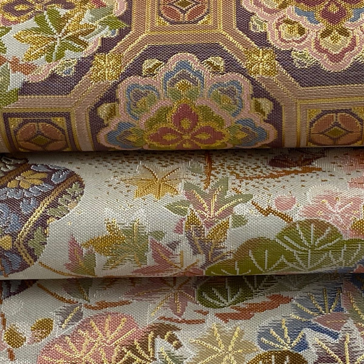 高級　裂取蜀江華文　袋帯　正絹　金糸 袋帯 美品 逸品 鴛鴦 蜀江華文 金糸 箔 灰紫 六通 正絹 【中古