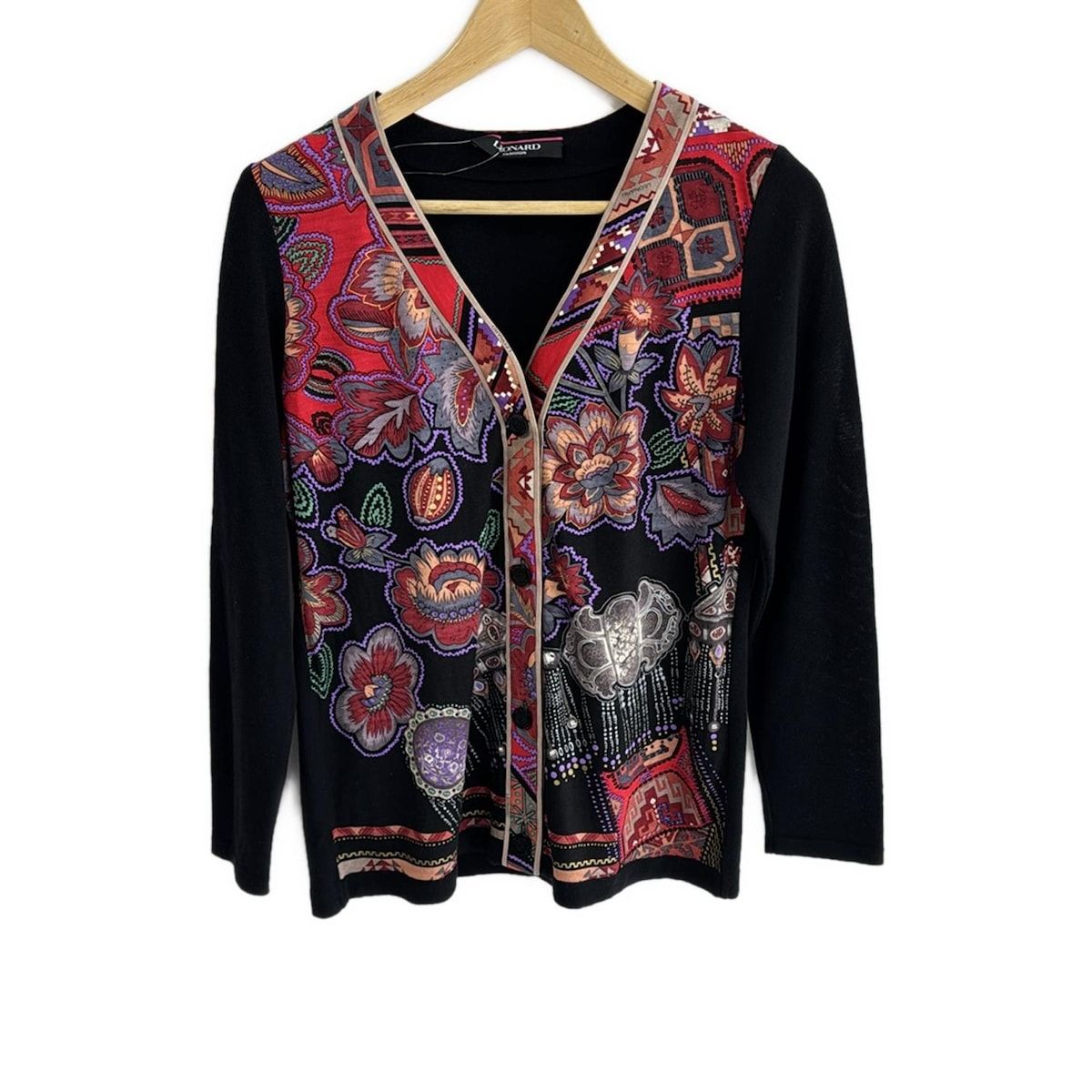 レオナール LEONARD カーディガン サイズ38 M 黒×ピンク×マルチ レディース トップス レオナール カーディガン サイズ38 M美品 レオナール カーディガン