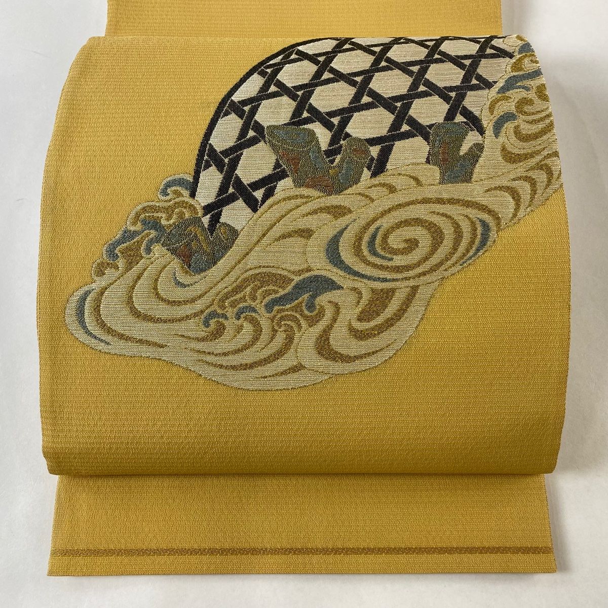 袋帯 美品 逸品 洛風林 落款 波 籠目 金銀糸 黄土色 お太鼓柄