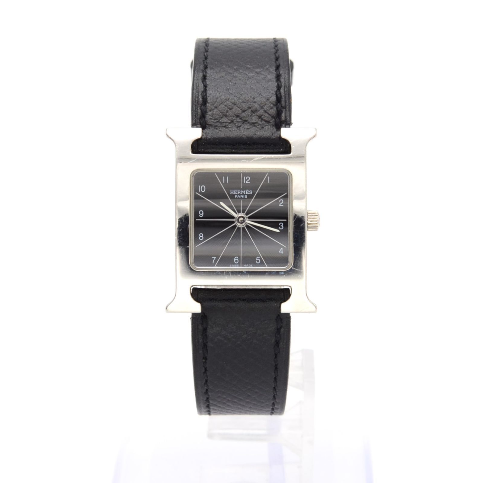 HERMES エルメス Hウォッチ HH1.210 クォーツ QZ SS×革 ブラック文字盤 