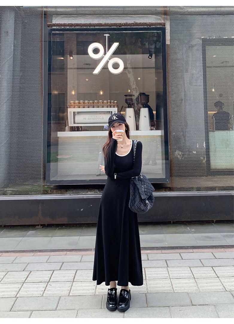 春のお出かけニットロングワンピースコントラスト