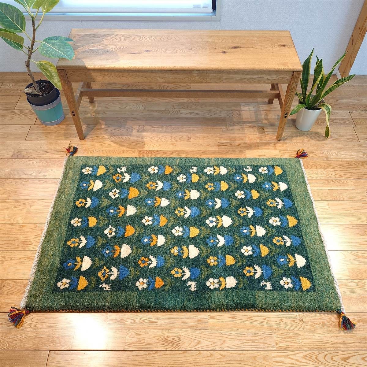 ペルシャ ギャッベ　玄関マット大　ウール　123x80cm　花　黄緑色　緑色　RJ12630G
