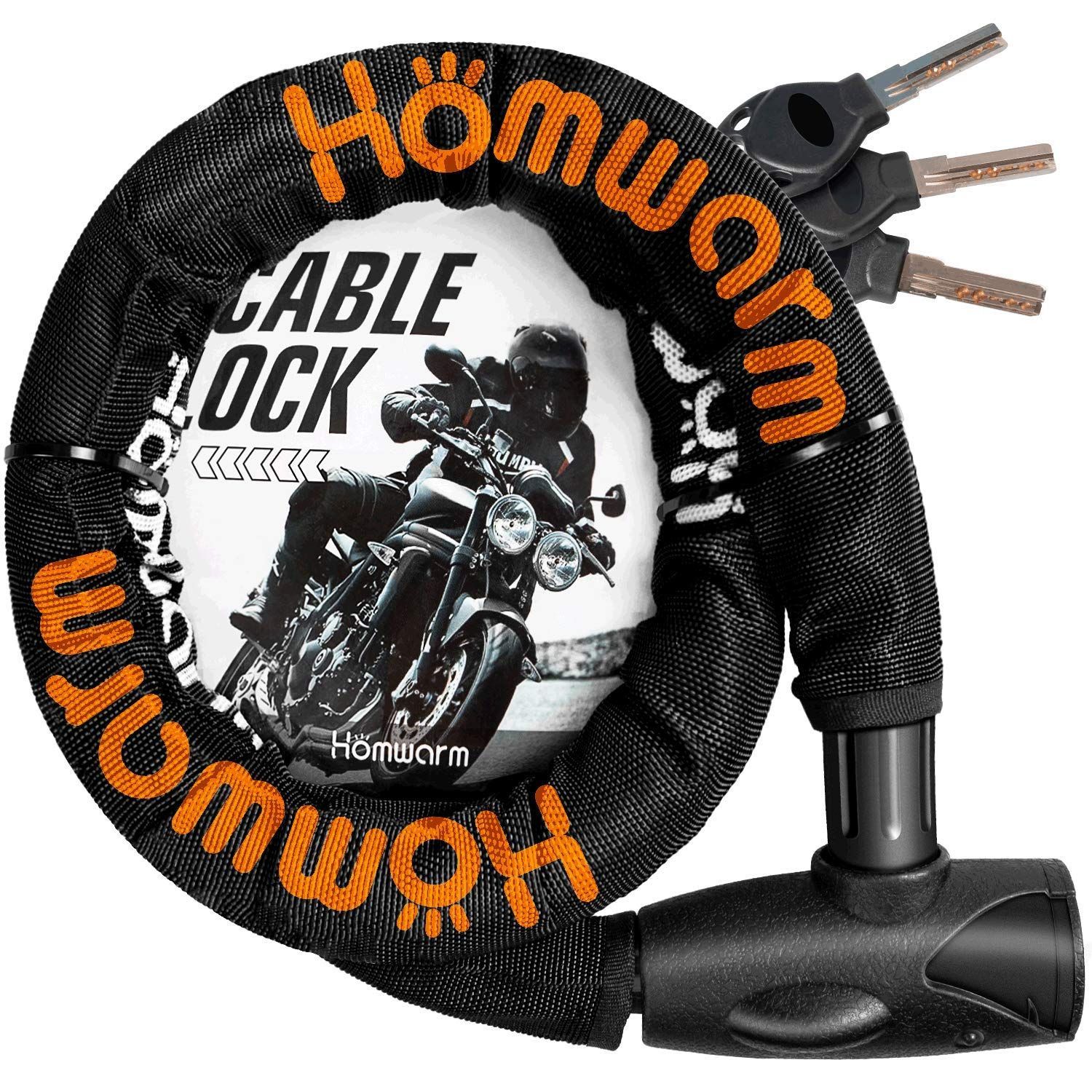 自転車 ワイヤーロック バイク φ(直径)22mm×1200ｍｍ チェーンロック 頑丈 盗難防止 バイクロック 鍵3本セット Homwarm (ブラック)