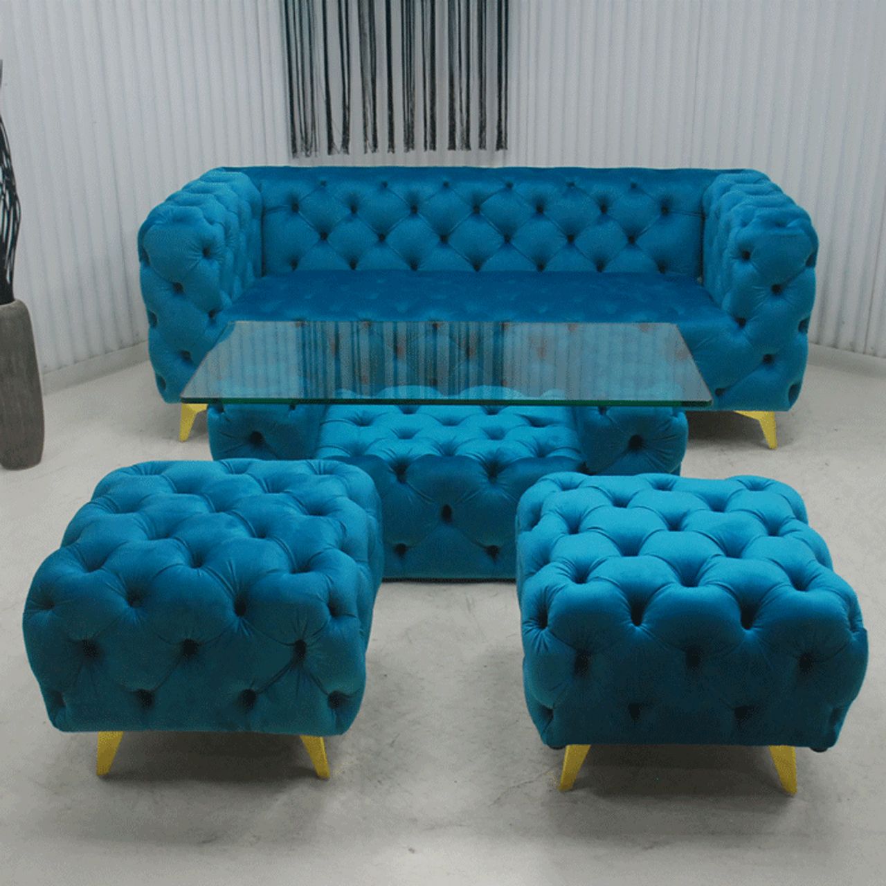 アウトレット 一部 現品限り ラグジュアリー3Pソファー4点セット ブルー ガラステーブル 強化ガラス オットマン2個付き