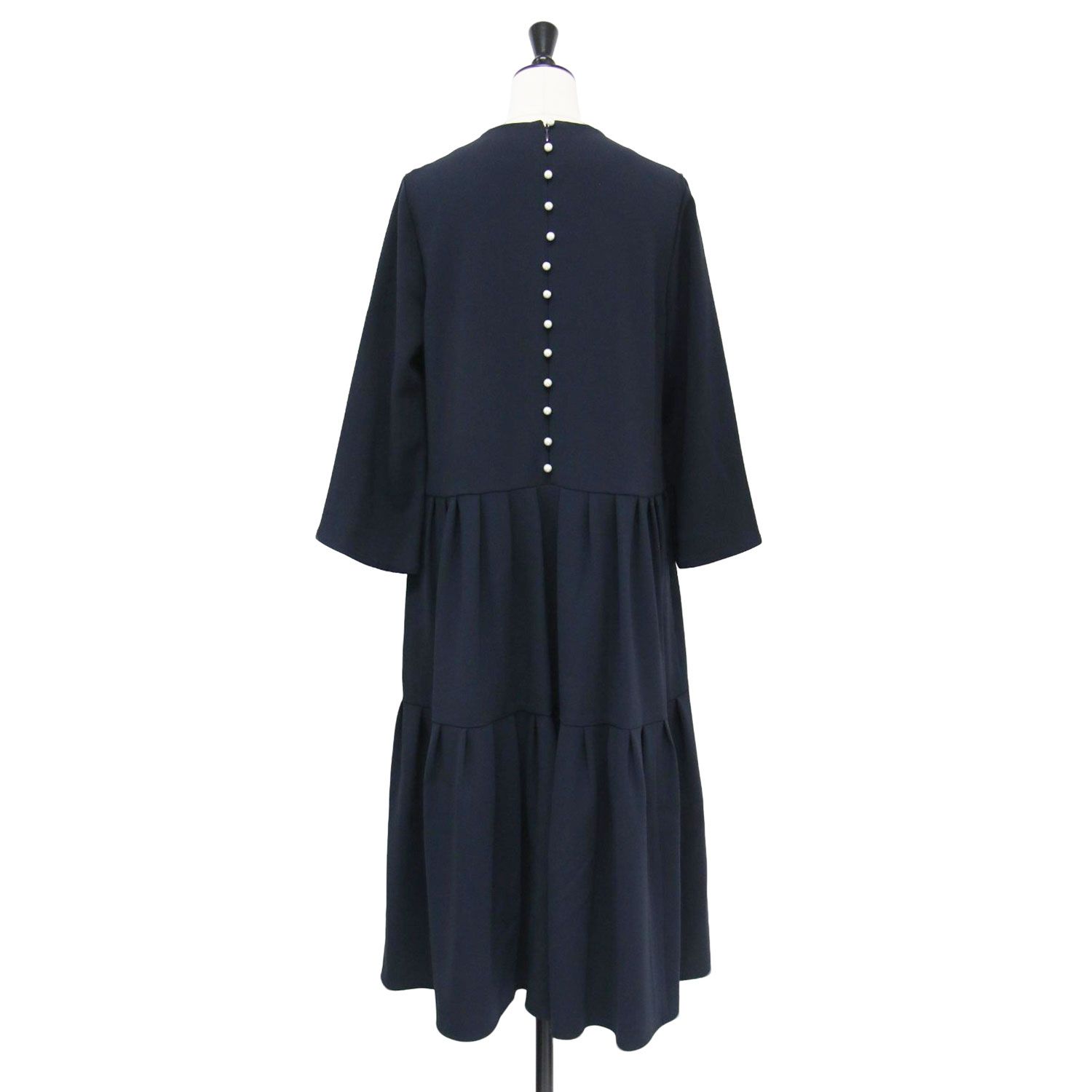 FLICKA フリッカ TOMORROWLAND ワンピース ネイビー 紺 サイズ 1 M | 24秋冬 カフスパール ドレス | ワンピース | 7分袖 クルーネック ティアード ビジュー フ スリーブ Aライン | 日本製 レディース