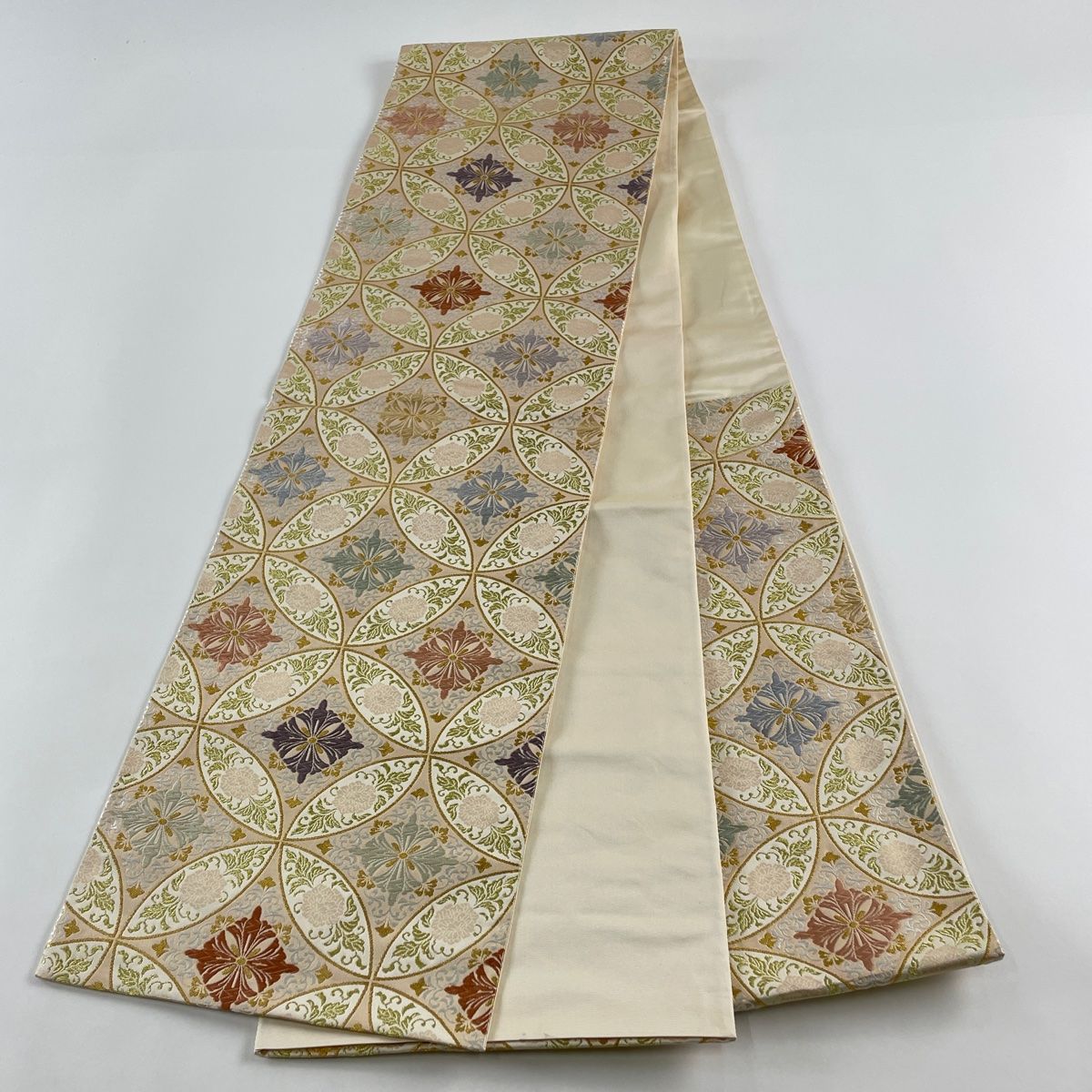 袋帯 美品 名品 七宝 花菱 唐織 金糸 金色 六通 正絹 【中古