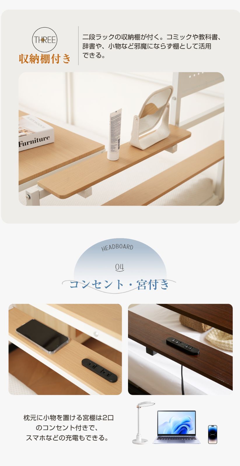 ホワイト北欧風シングルロフトベッド｜スチールネット付き｜移動型デスク付属｜耐震構造｜一人暮らしにおすすめ｜N512P276707A