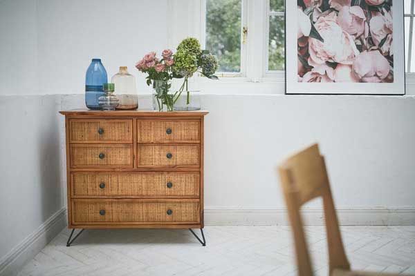 天然木 チーク と籐 ラタン のアジアンテイストなチェスト ４段６抽斗 W80×D40×H75cm No.372 MARWIL-DEMENAGEMENTS_CH