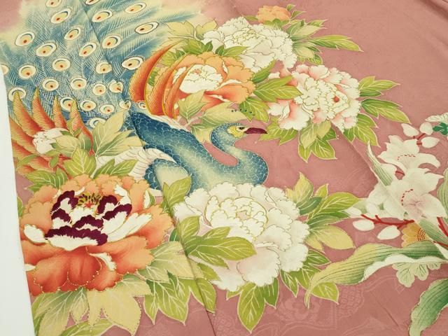 平和屋本店■極上　アンティーク　大正ロマン　訪問着　駒刺繍　孔雀草花文　暈し染め　金彩　逸品　CZAA2044s5 平和屋本店□極上 アンティーク 大正ロマン 訪問着 駒刺繍 孔雀草花文