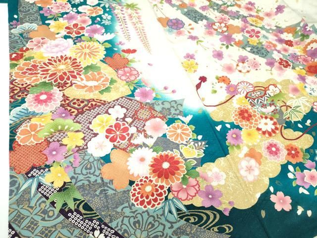 振袖フルセット　しだれ桜文　正絹　友禅　金駒刺繍　金彩加工　銀彩　美品　21 楽天市場】店内お値下げ中！【中古】 振袖 リサイクル 着物 正絹