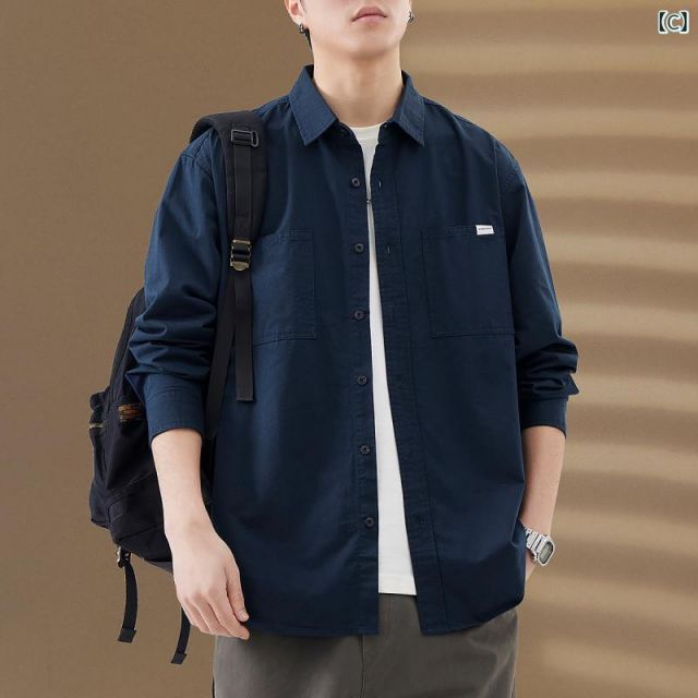 L メンズ ファッション 服 オシャレ シンプル 大人 かっこいい 大きいサイズ ストリート 紳士服 レトロ シンプル カジュアル 長袖 シャツ 春秋 綿 ウォッシュド ワーク シャツ KARIMZIABAT_FR