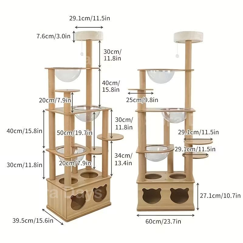 キャットタワー 猫タワー 木製 大型猫用 宇宙船ボウル3個 ナチュラル シンプル おしゃれ 可愛い インテリア 北欧 据え置き 多頭飼い 大きい隠れ家 展望台 おもちゃ 爪とぎ 運動不足解消 安定 スリム 省スペース 60×39.5×175cm
