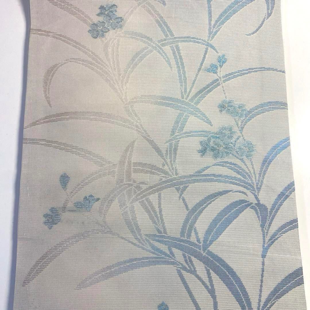 4k1055 名古屋帯 絹 夏帯 夏物 紗 白 青 銀色 花柄 和装 着物 - メルカリ 