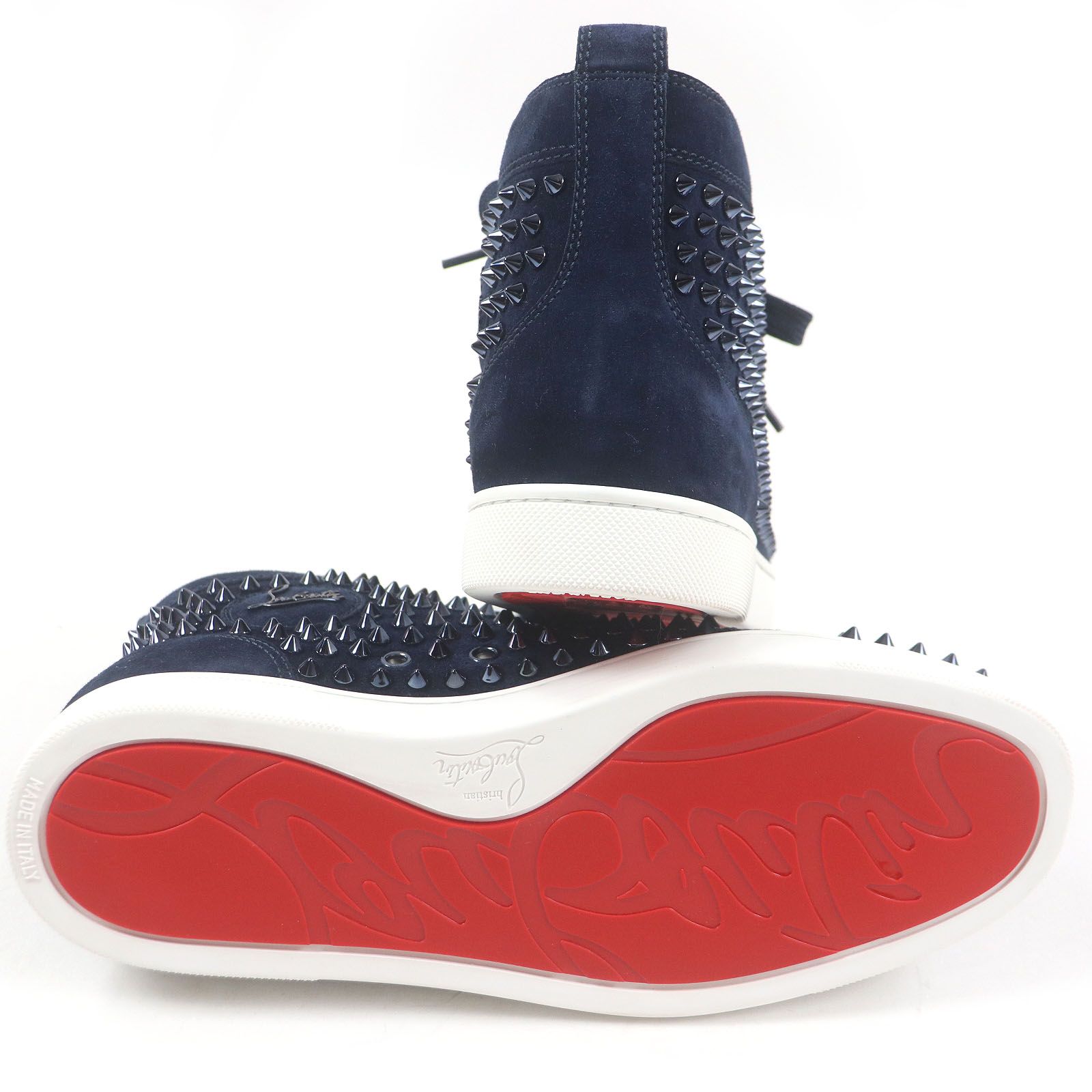 未使用品□Christian Louboutin クリスチャンルブタン 3101212 LOUIS FLAT スパイクスタッズ スウェードレザー ハイカットスニーカー ネイビー 40.5 箱・保存袋付き イタリア製 メンズ 未使用品□Christian Louboutin クリスチャンルブタン 3101212 LOUIS
