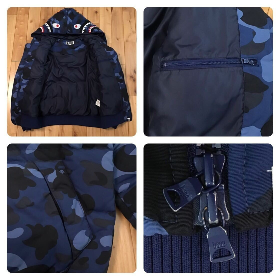 シャーク パーカー ダウンジャケット Mサイズ shark full zip hoodie Down jacket a bathing ape BAPE エイプ ベイプ Blue camo 迷彩