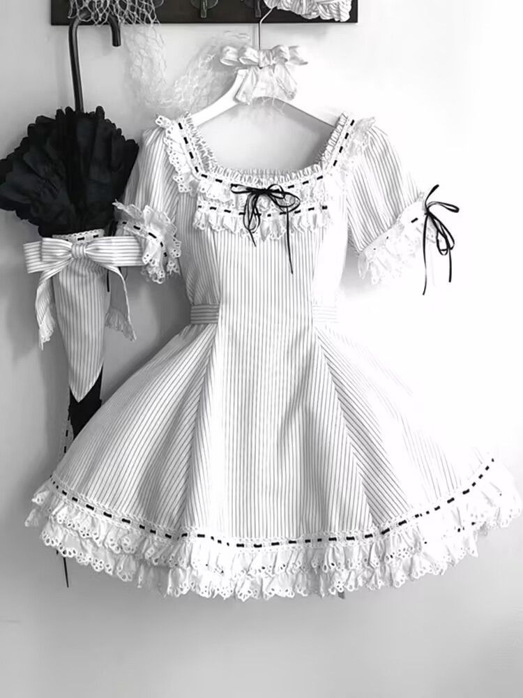 ワンピース 韓国ファッション お姫様ドレス スカート半袖 ミニワンピース 春夏服 ロリータ ジャンパースカート 甘ロリ 姫袖 ギャル系 量産型 地雷系 リボン ハイウエストスカート