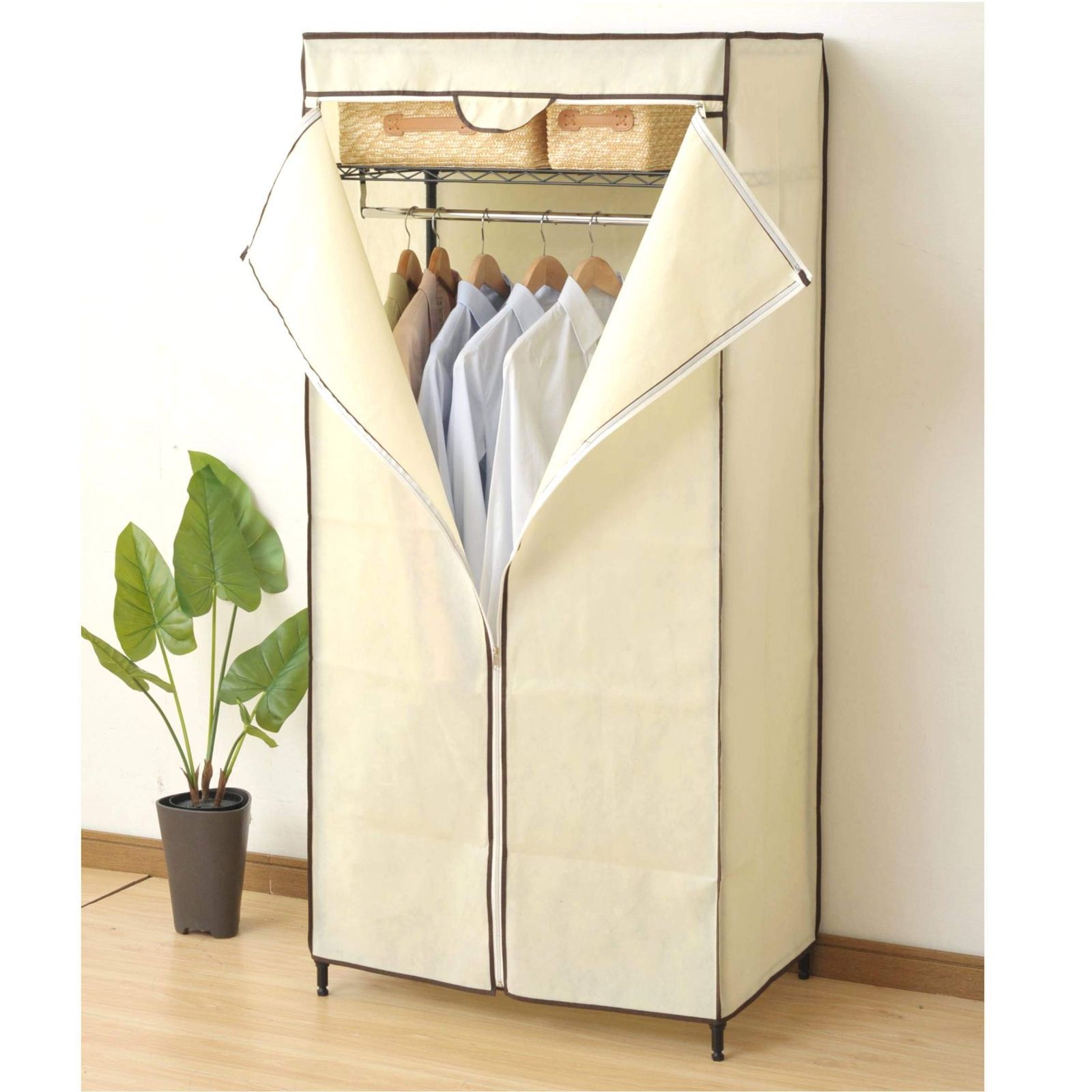 山善 ハンガーラック 幅74×奥行45×高さ162cm カバー付き 棚板可動 ワードローブ 組立品 ホワイト RW-16743JH WH