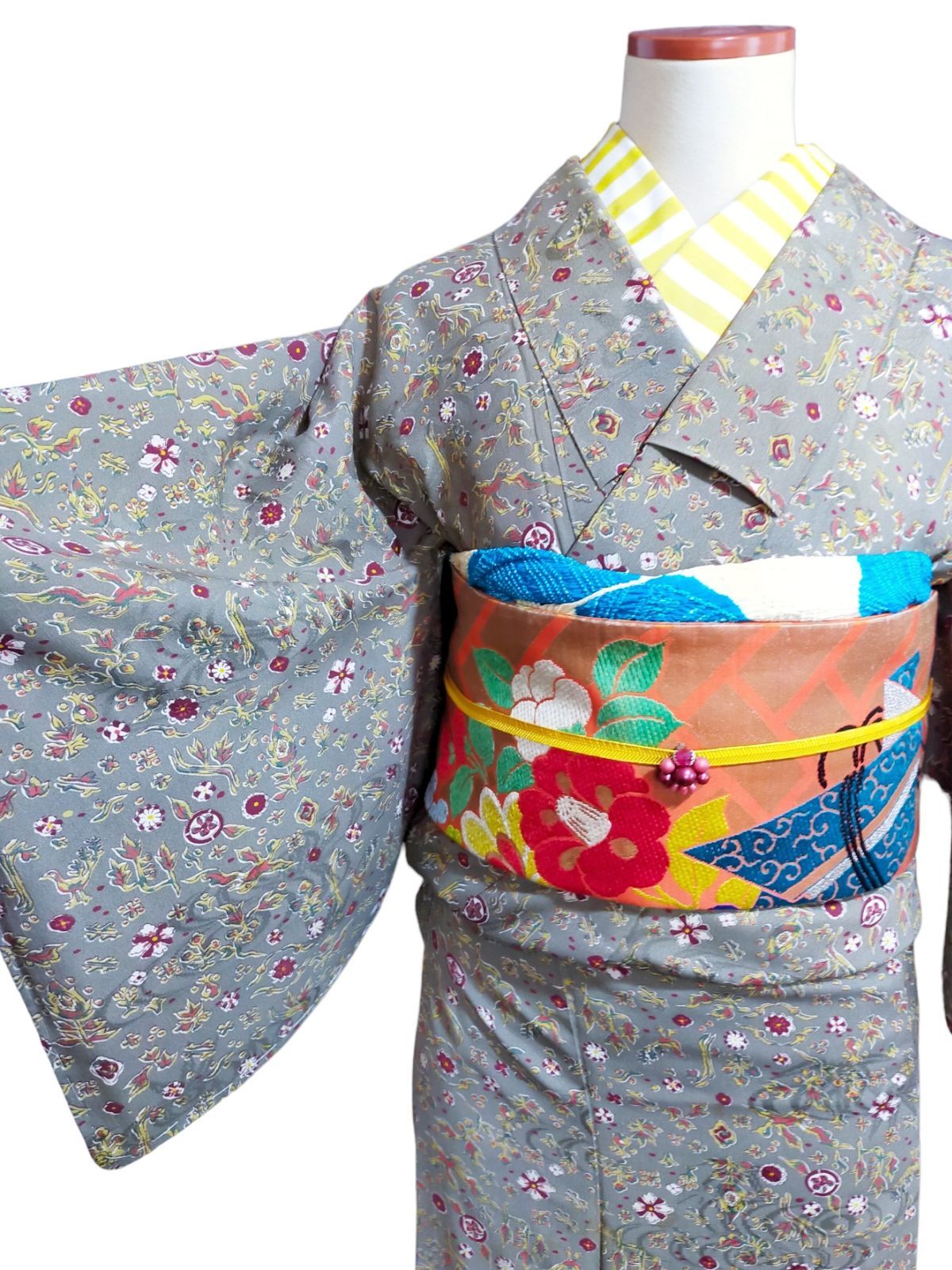 アンティーク　椿の着物と帯　セット 椿 着物 名古屋帯 アンティーク着物セット - メルカリ