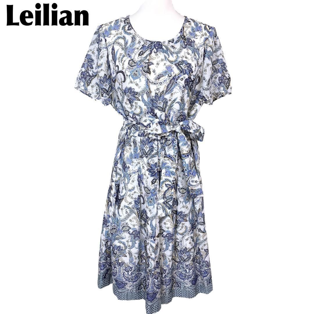 レリアン 半袖ブラウスワンピース ウエスト紐 13 花柄 白×水色