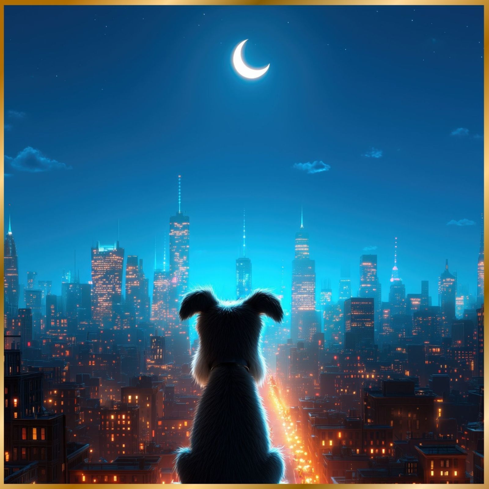 Luna and New York City - シュナウザー犬 夜景 ニューヨーク マンハッタン シティー インテリアアート ペットロス うちの子 記念日 アートポスター 犬の絵 犬のイラスト ギフト プレゼント